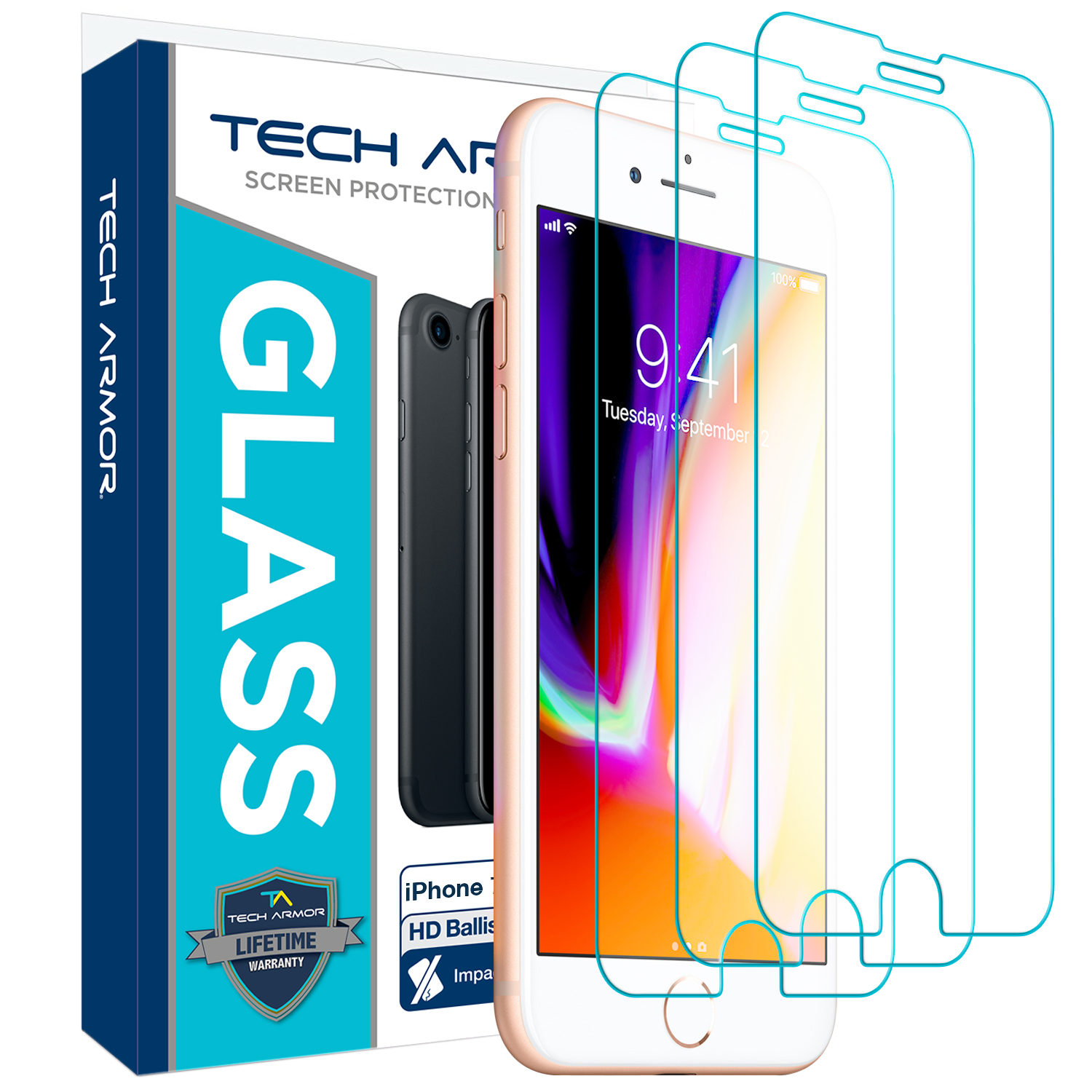Tech Armor Ballistic Glass Screen Protector Designed for Apple iPhone Plus, 6s Plus, iPhone 7 and iPhone 8 Plus Tempered 3 Pack
